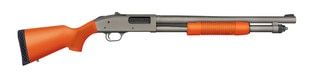 Pump action 12 gauge shotgun with Cerakote finish and Safety Orange furniture.